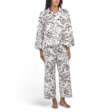 Marshalls 2Pc Cotton Sateen Toile Classic Collar Top And Drawstring Pants Set For - Gray