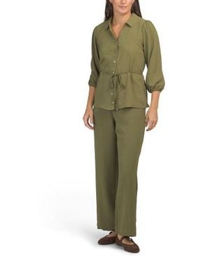Marshalls Three-Quarter Sleeve Button Up Top And Wide Leg Pants Set For - Green