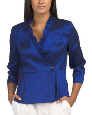 Marshalls Three-Quarter Sleeve Stretch Taffeta Ruffle Blouse For - Blue