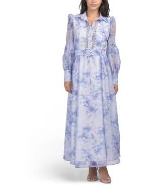 Marshalls Long Sleeve Floral Print Dress With Rhinestone Embellished Details For - Blue