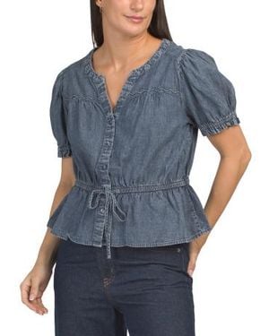 Marshalls Cotton Acid Washed Drawstring Waist Puff Sleeve Top For - Blue