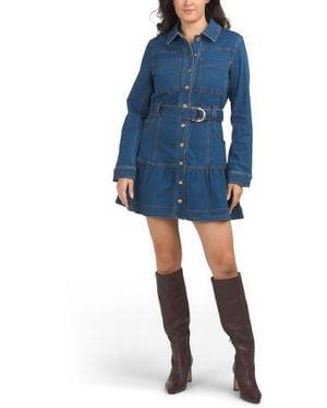 Marshalls Long Sleeve Denim Button Up Mini Dress With Self Tying Belt For - Blue