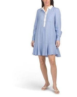 Marshalls Linen Blend Long Sleeve Collared Half Placket Mini Dress For - Blue