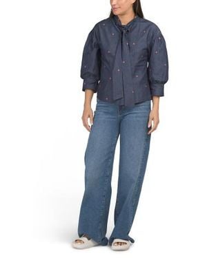 Marshalls Long Sleeve Embroidered Tie Neck Top For - Blue