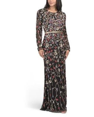 Marshalls Long Sleeve 3D Sequin And Bead Embellished Gown For - Multicolor