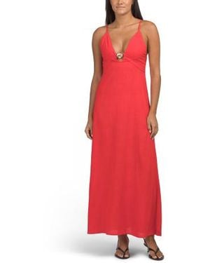 Marshalls Linen Blend Shell Icon Hardware V-Neck Maxi Dress For - Red