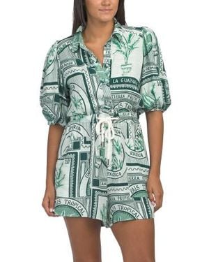 Marshalls Lined Blend Botanical Drawstring Swim Cover-Up Playsuit For - Green