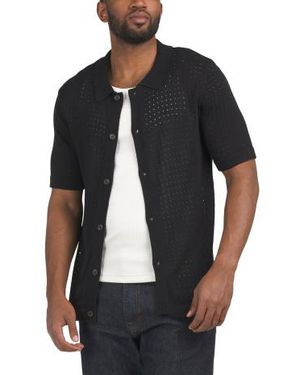 Marshalls Short Sleeve Open Knit Pointelle Button Up Top For - Black