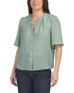 Marshalls Galliano Short Sleeve Button Down Top With Scalloped Lace Collar Trim For - Green