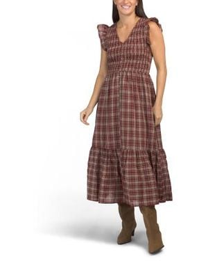 Marshalls Plaid Smocked V-Neck Button Down Ruffle Midi Dress For - Brown