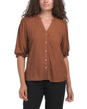 Marshalls Elbow Lantern Sleeve Mixed Media Button Down Diamond Floral Top For - Brown