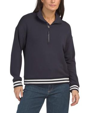 Marshalls Collared Long Sleeve Half Zip Top With Striped Cuffs And Hem For - Blue