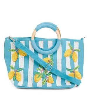 Marshalls Canvas Beaded Lemon And Striped Tote With Shoulder Strap For - Blue