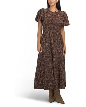 Marshalls Linen Blend Short Sleeve Floral Print Ruched Waist Maxi Dress For - Brown