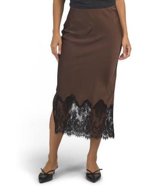 Marshalls Solid Satin Bias Cut With Lace Hem Pull On Skirt For - Brown