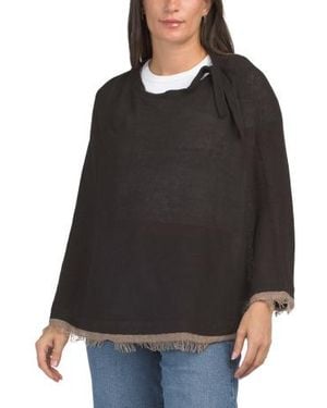 Marshalls Wool Blend Poncho With Fringe Trim And Bow Accent For - Black