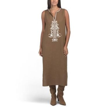 Marshalls Linen Blend Embroidered Midi Dress For - Brown