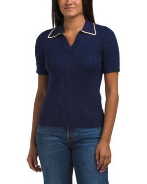 Marshalls Collared Neck Rolled Short Sleeve Top With Chain Detail For - Blue
