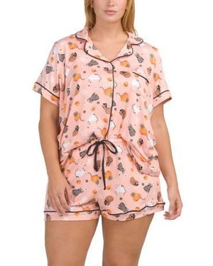 Marshalls 2Pc Cats And Bats Halloween Notch Collar Top And Shorts Pajama Set For - Pink