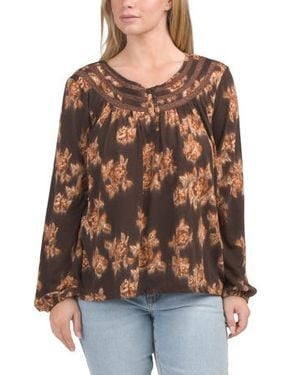 Marshalls Long Sleeve Henley Neck Top With Lace Trim Yoke For - Brown