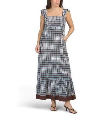 Marshalls Flutter Sleeve Plaid Border Print Maxi Dress For - Blue