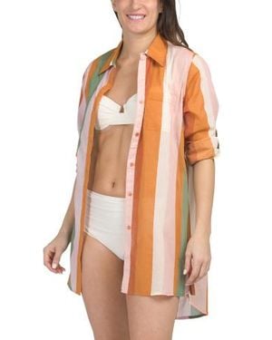 Marshalls Cotton Voile Full Button Down Printed Swim Cover-Up Shirt With Tabs For - Orange