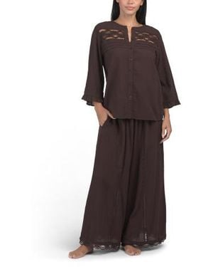 Marshalls 2Pc Gauze Lace Button Down Top And Wide Leg Pants Lounge Set For - Brown