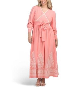 Marshalls Linen Blend Long Sleeve Embroidered Maxi Dress For - Pink