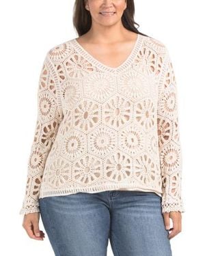 Marshalls Plus Crochet V-Neck Top With Scalloped Trim For - Natural
