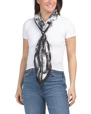 Marshalls Floral Satin Square Scarf With Faux Pearl Clover Scarf Ring For - Blue