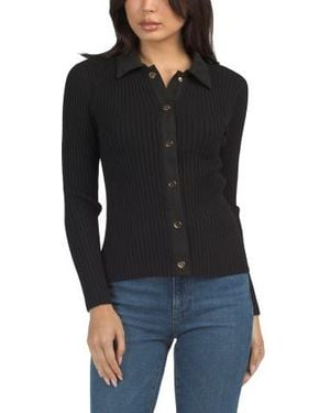 Marshalls Collared Long Sleeve Button Front Top With Faux Suede Detail For - Black
