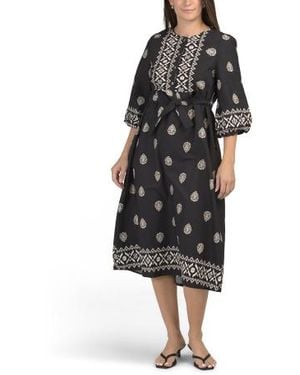 Marshalls Long Sleeve Border Print Midi Dress With Belt For - Black