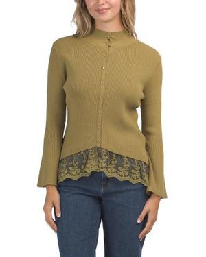Marshalls Ribbed Knit Cardigan With Lace Hem For - Green