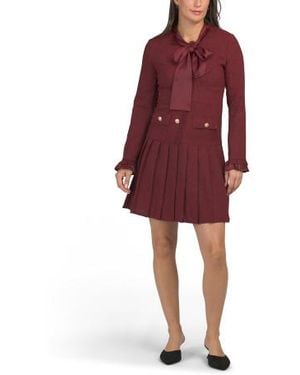 Marshalls Long Sleeve Tweed Mini Dress With Bow Neck For - Red