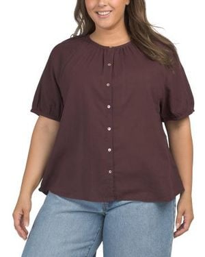 Marshalls Plus Linen Blend Round Neck Button Down Blouse For - Purple