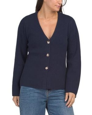 Marshalls Wool And Cashmere Blend Long Sleeve V-Neck Button Cardigan - Blue