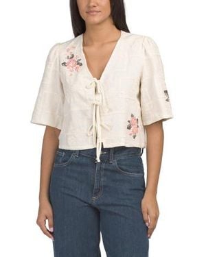 Marshalls Linen Blend Tie Front Soutache Top With Needlepoint Embroidery For - White