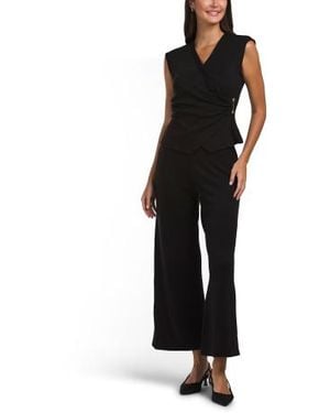 Marshalls 2Pc Petite V-Neck Top And Pull On Knit Novelty Wide Leg Pants Set For - Black