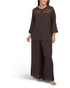 Marshalls 2Pc Gauze Boho Top And Wide Leg Pants Lounge Set With Lace Detail For - Brown