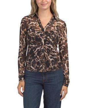 Marshalls Mesh Animal Print Long Sleeve Shirred Placket Shirt For - Black