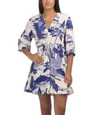 Marshalls Hawaiian Print Drawcord Swim Cover-Up Mini Dress For - Blue