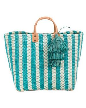 Marshalls Large Lido Handwoven Sisal Carry All Tote With Leather Handles For - Blue