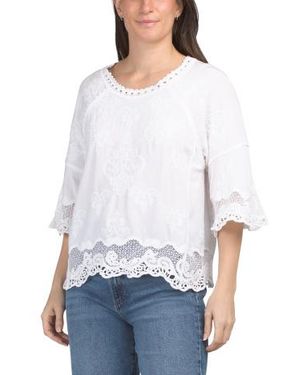 Marshalls Scoop Neck Two Tone Cropped Crochet Top With Embroidered Trim For - White