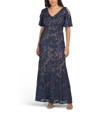 Marshalls Caroline Flutter Sleeve Sequin Embellished Dress For - Blue