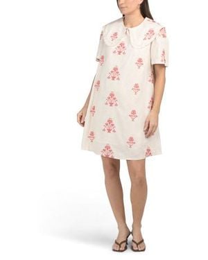 Marshalls Linen Blend Oversized Ruffle Collar Embroidered Mini Dress For - White