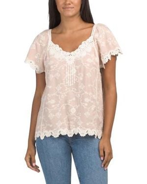 Marshalls Crochet Flutter Sleeve Top With Contrast Scalloped Lace Trim For - Blue