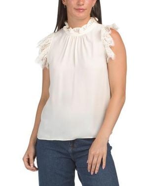 Marshalls Petite Ruffle Mock Neck Top With Lace Sleeves For - White