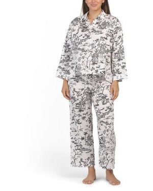 Marshalls 2Pc Cotton Sateen Toile Classic Collar Top And Drawstring Pants Set For - White