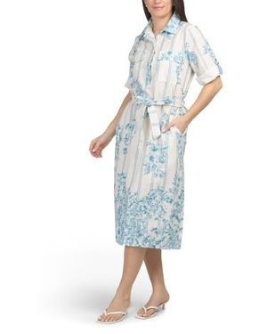 Marshalls Linen Blend Three-Quarter Sleeve Belted Shirt Dress For - Blue