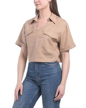 Marshalls Linen Blend Boxy Crop Shirt With Patch Pockets For - Blue